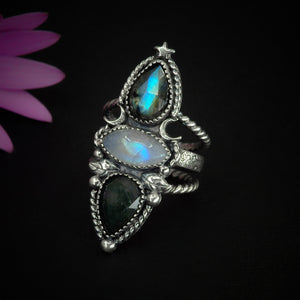 Labradorite, Moonstone & Moss Agate Ring - Size 9 1/4 - Sterling Silver - Moonstone Ring - Rose Cut Labradorite Ring, Triple Stone Moon Ring