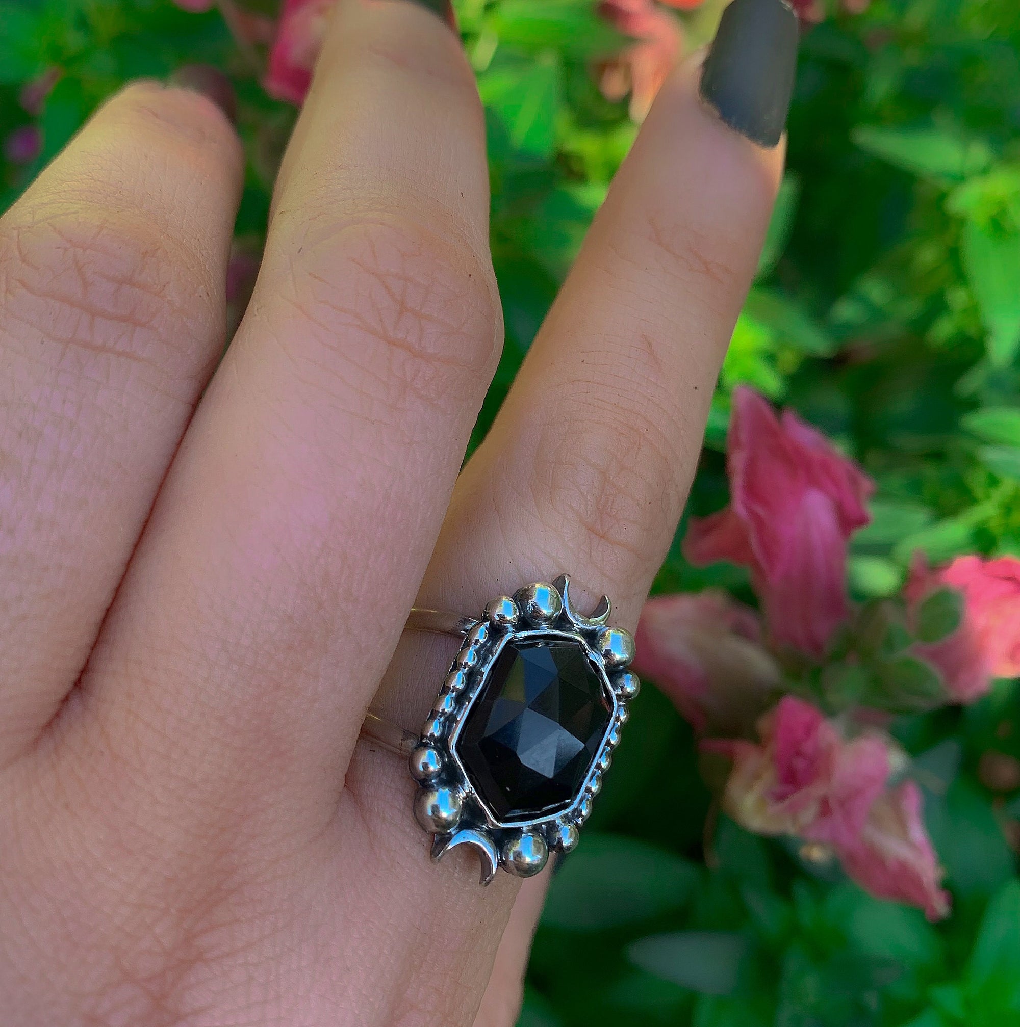 Rose Cut Black Onyx Ring - Size 8 1/2 - Sterling Silver - Hexagonal Onyx Ring - Faceted Onyx Moon Ring, Black Gemstone Crescent Moon Jewelry