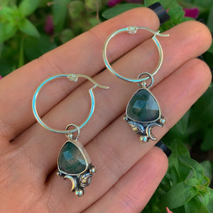 Rose Cut Moss Agate Earrings - Sterling Silver - Trillion Moss Agate Hoop Earrings - Triangle Gemstone Hoops - Crescent Moon Earrings - Leaf