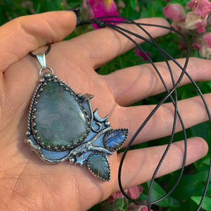 Moss Agate & Labradorite Pendant - Sterling Silver - Forest Necklace - Toadstool Pendant - Moss Agate Pendant - Branch Leaf and Twig OOAK