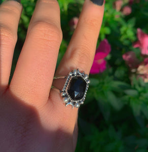 Rose Cut Black Onyx Ring - Size 9 1/4 - Sterling Silver - Hexagonal Onyx Ring - Faceted Onyx Moon Ring, Black Gemstone Crescent Moon Jewelry