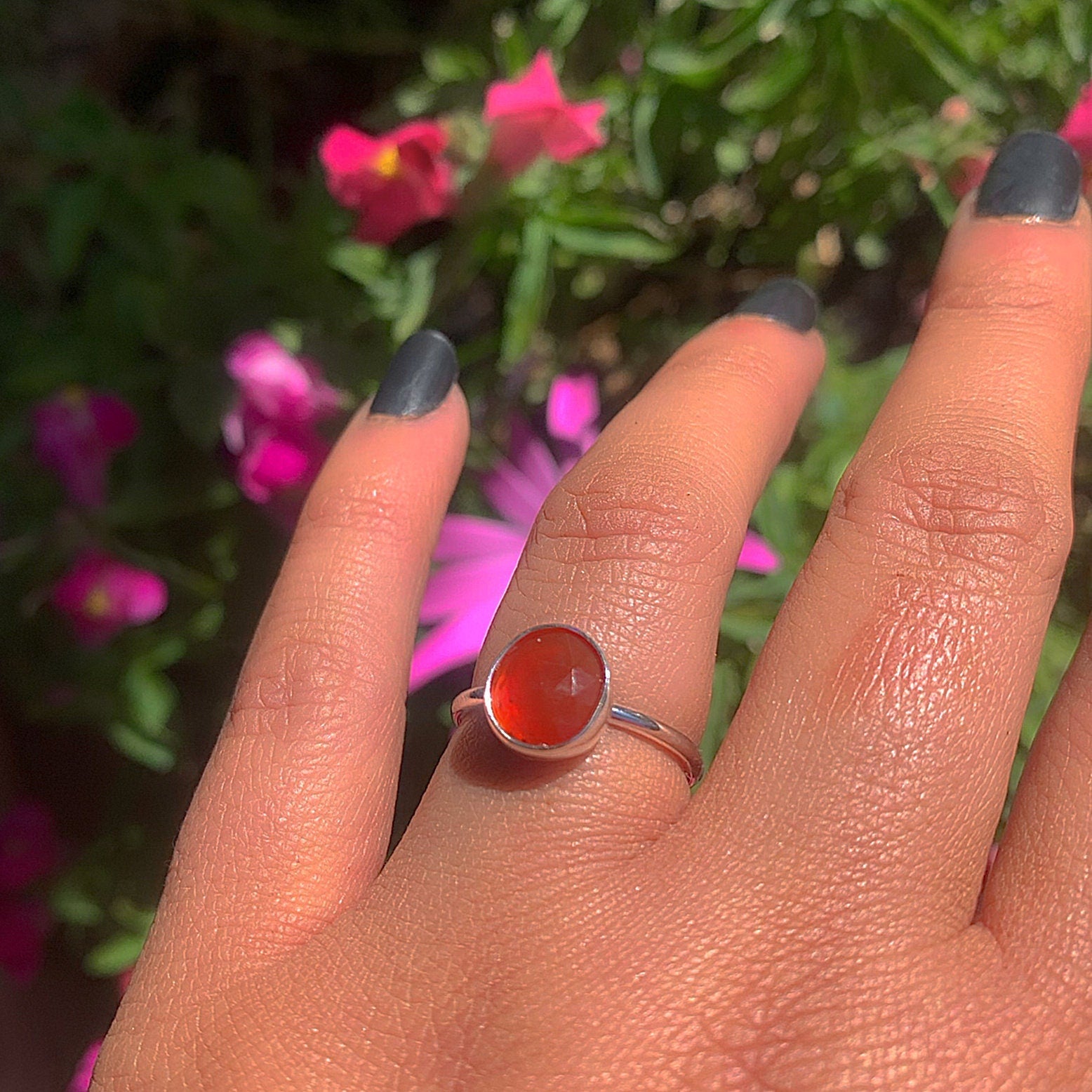 Rose Cut Carnelian Ring - Size 6 - Sterling Silver - Orange Carnelian Jewelry - Faceted Carnelian Jewellery - Red Carnelian Thick Band