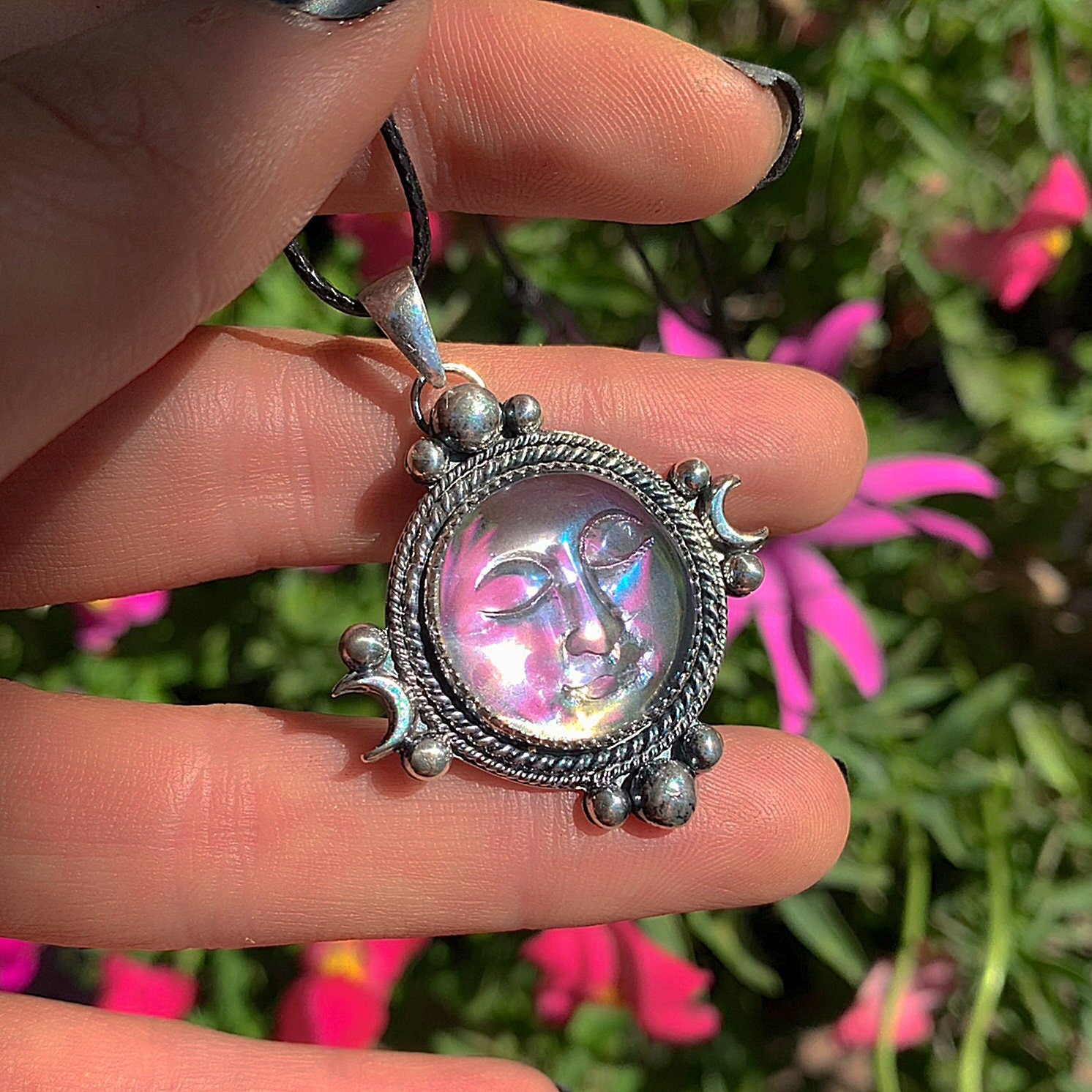 Angel Aura Quartz Moon Goddess Pendant - Sterling Silver - Angel Aura Quartz Pendant - Rainbow Quartz Necklace - Crystal Face Jewellery OOAK