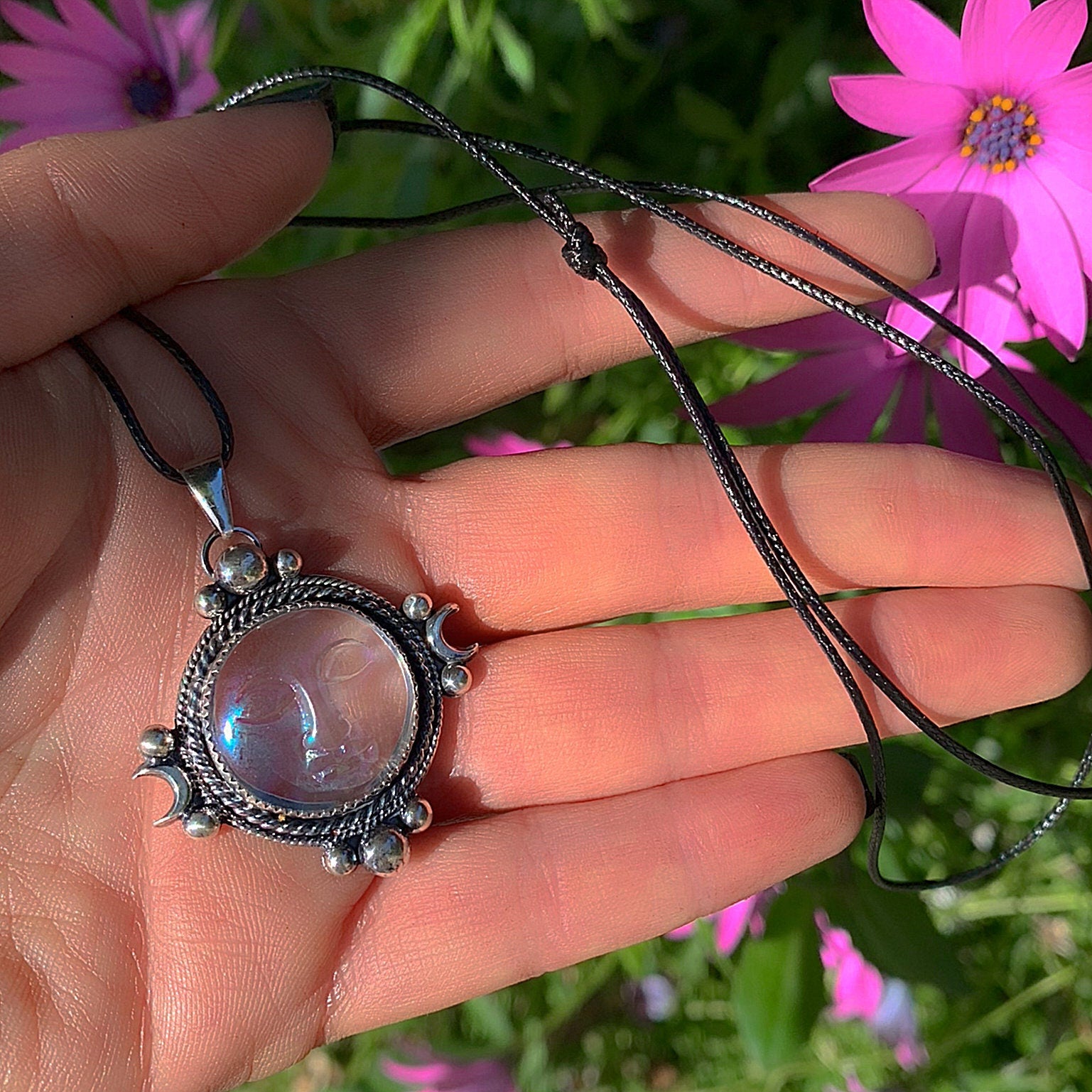 Angel Aura Quartz Moon Goddess Pendant - Sterling Silver - Angel Aura Quartz Pendant - Rainbow Quartz Necklace - Crystal Face Jewellery OOAK