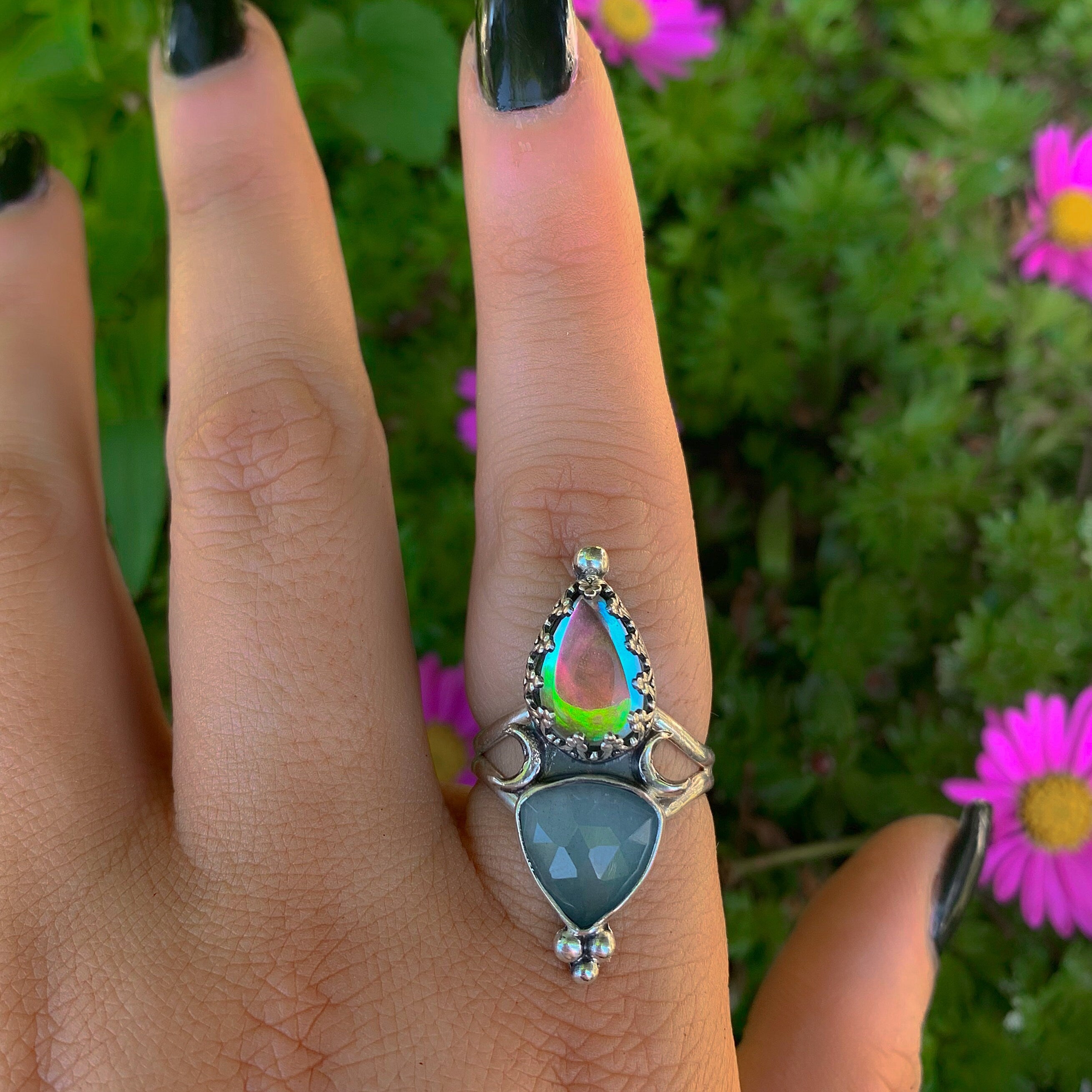 Rose Cut Aquamarine & Angel Aura Quartz Ring - Size 8 - Sterling Silver - Aquamarine Ring - Rainbow Crystal Jewelry - Crescent Moon Ring