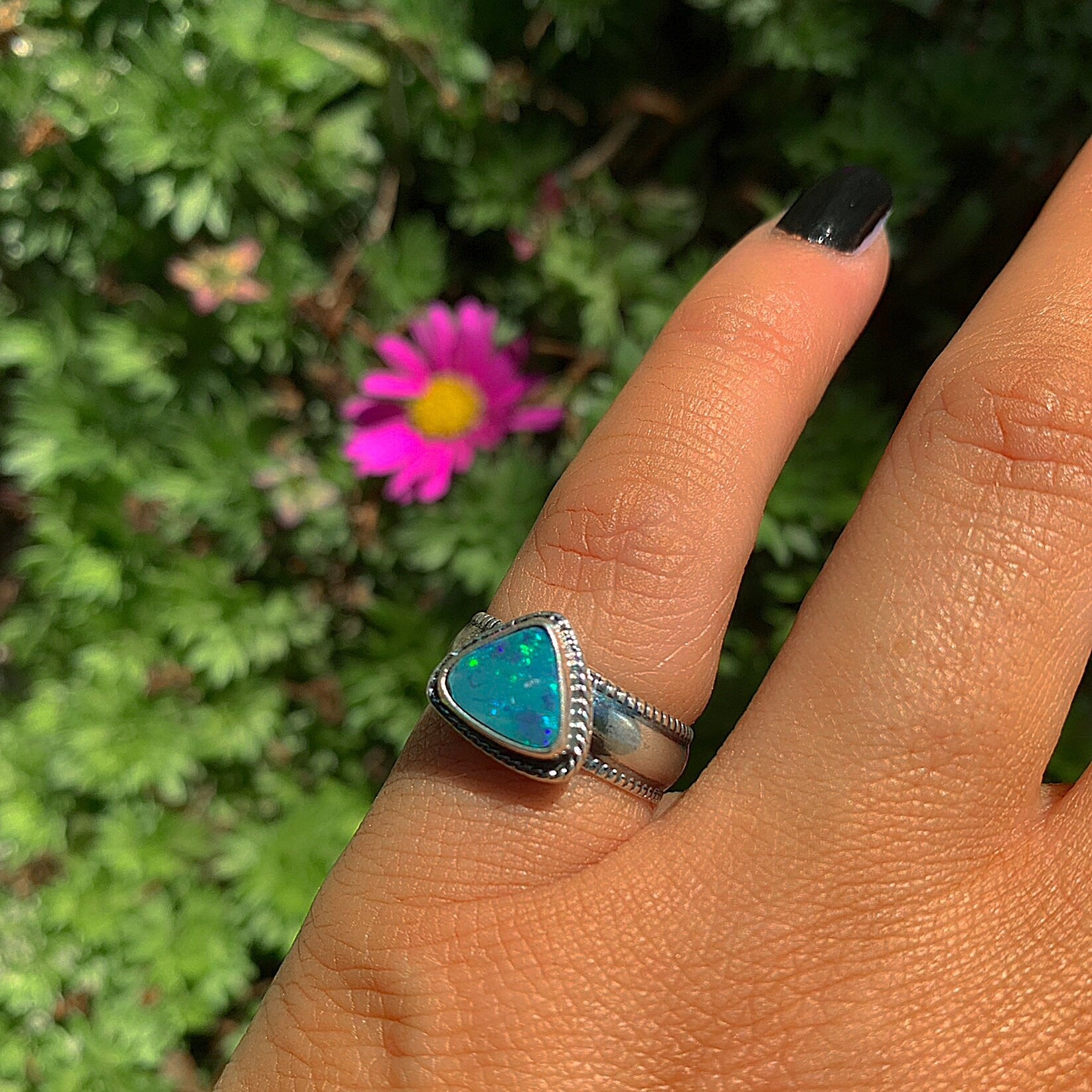 Australian Opal Ring - Size 4 1/2 - Sterling Silver - Lightning Ridge Opal Ring - Rainbow Opal Jewelry - Triangle Blue Opal OOAK, Thick Band