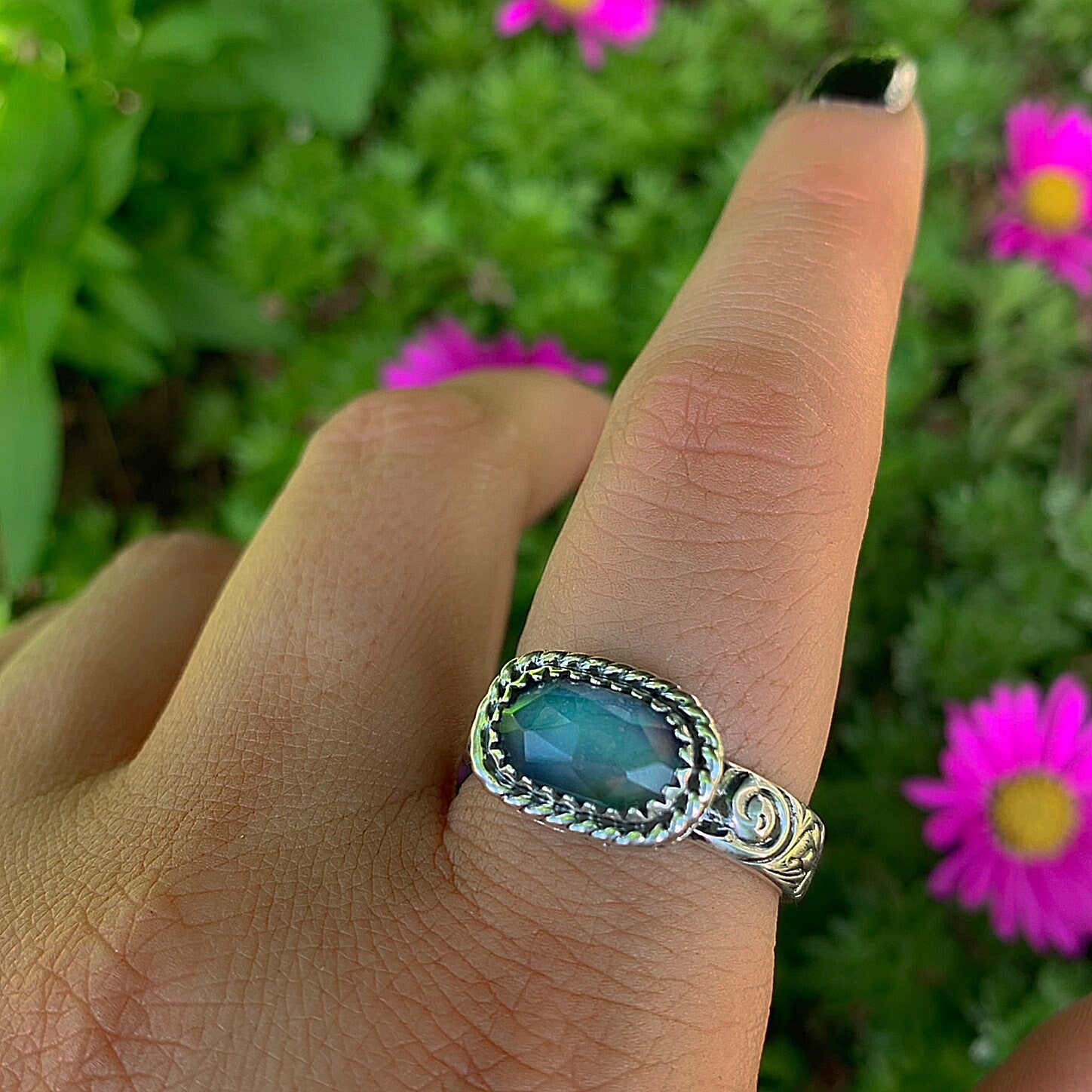 Rose Cut Clear Quartz & Aurora Opal Ring - Size 9 3/4 to 10 - Sterling Silver - Rainbow Opal Jewelry -Thick Ring Band - Rainbow Crystal