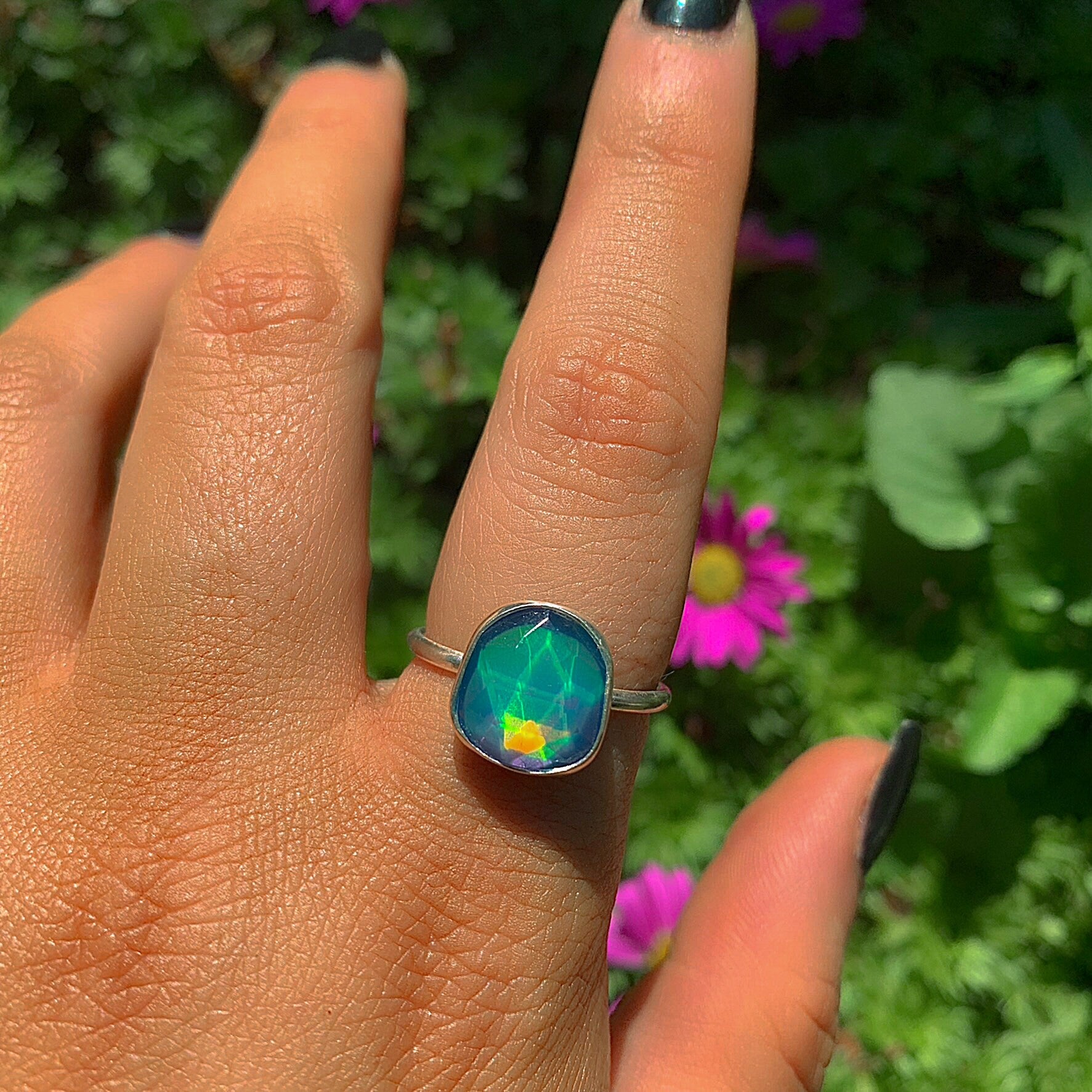 Rose Cut Clear Quartz & Aurora Opal Ring - Size 8 1/4 - Sterling Silver - Rainbow Opal Jewelry, Dainty Aurora Opal - Faceted Rainbow Crystal