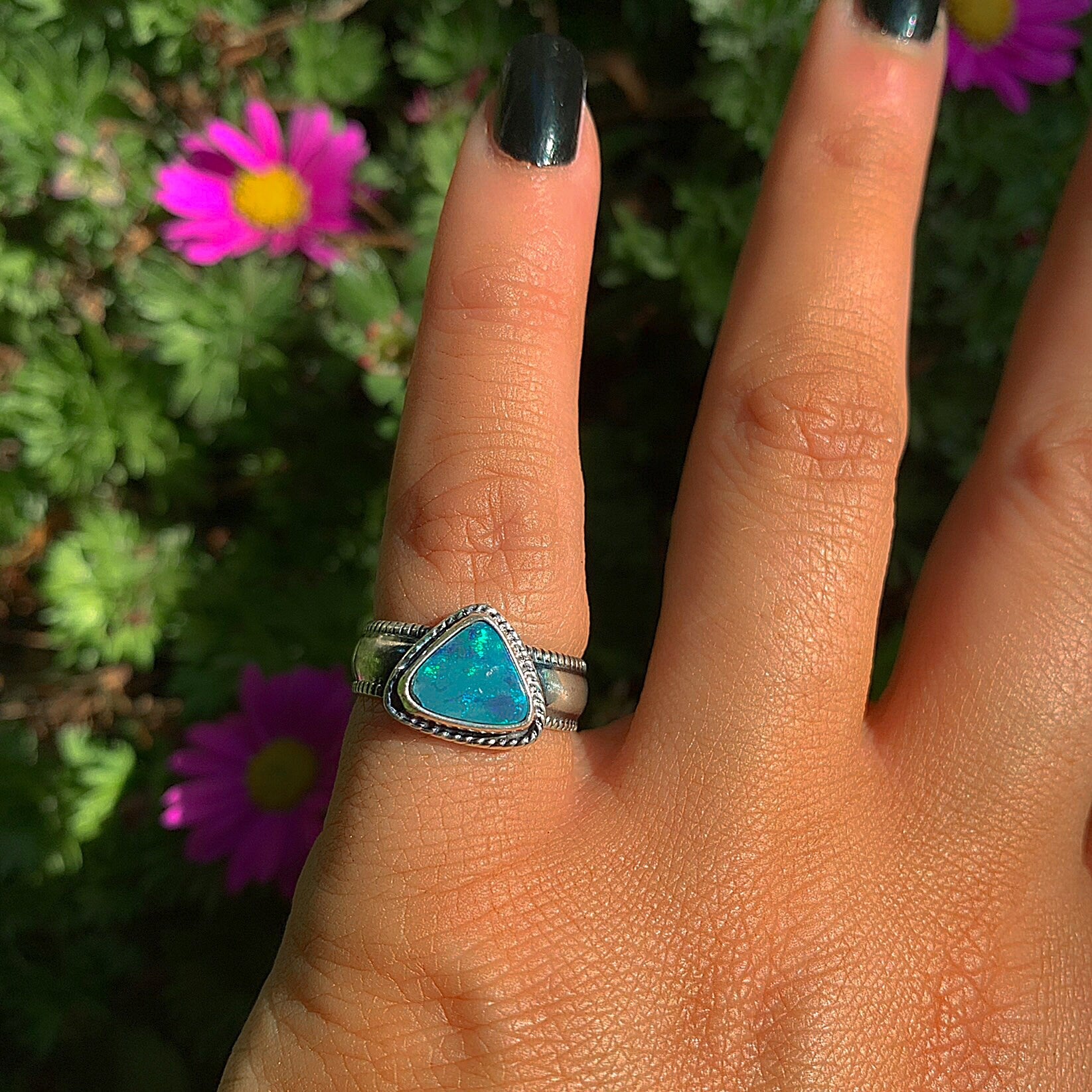 Australian Opal Ring - Size 4 1/2 - Sterling Silver - Lightning Ridge Opal Ring - Rainbow Opal Jewelry - Triangle Blue Opal OOAK, Thick Band