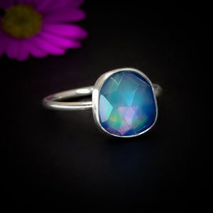 Rose Cut Clear Quartz & Aurora Opal Ring - Size 8 1/4 - Sterling Silver - Rainbow Opal Jewelry, Dainty Aurora Opal - Faceted Rainbow Crystal